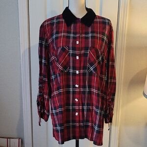 John Mark Plaid Button Down Top With Velvet Collar And Drawstring Sleeves.